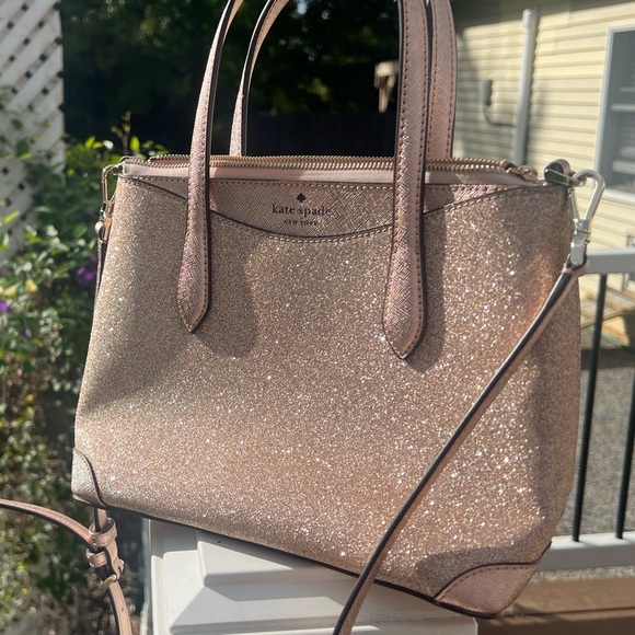 KATE SPADE Small Shimmy Glitter Convertible Crossbody Satchel in Rose Gold - Picture 2 of 6